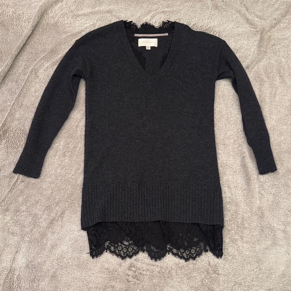 Brochu Walker Charcoal V-Neck Sweater Mini Dress with Lace Detail